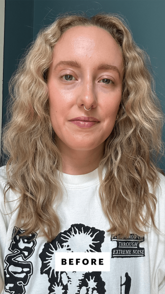 Selfie of Kara McGrath before applying the Benefit Cosmetics Badgal Bang Volumizing Mascara in Wild Plum